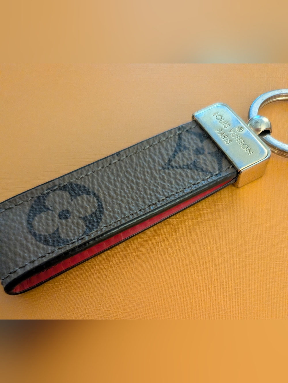 Louis Vuitton Brown Monogram Leather Keyring with Red Trim
